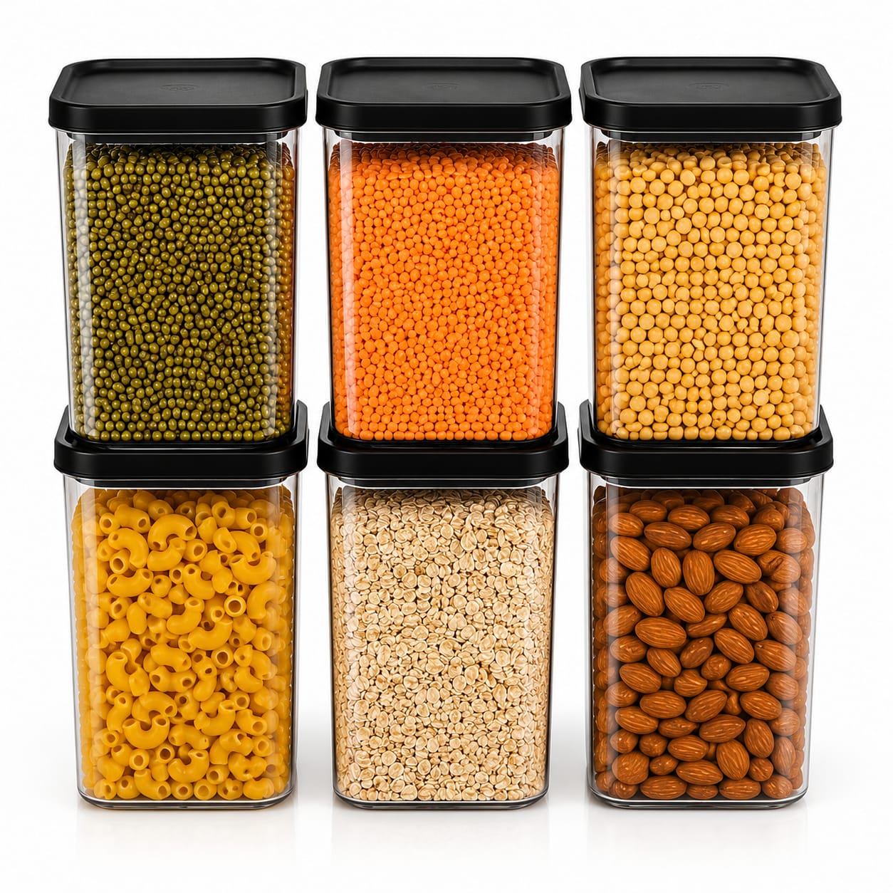 Pragnasree 1100 ml Airtight PET Storage Containers Set of 6 | Transparent Kitchen Storage Jars with Black Lid | Multipurpose Dry Food Container