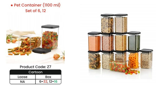 Pragnasree 1100 ml Airtight PET Storage Containers Set of 6 | Transparent Kitchen Storage Jars with Black Lid | Multipurpose Dry Food Container