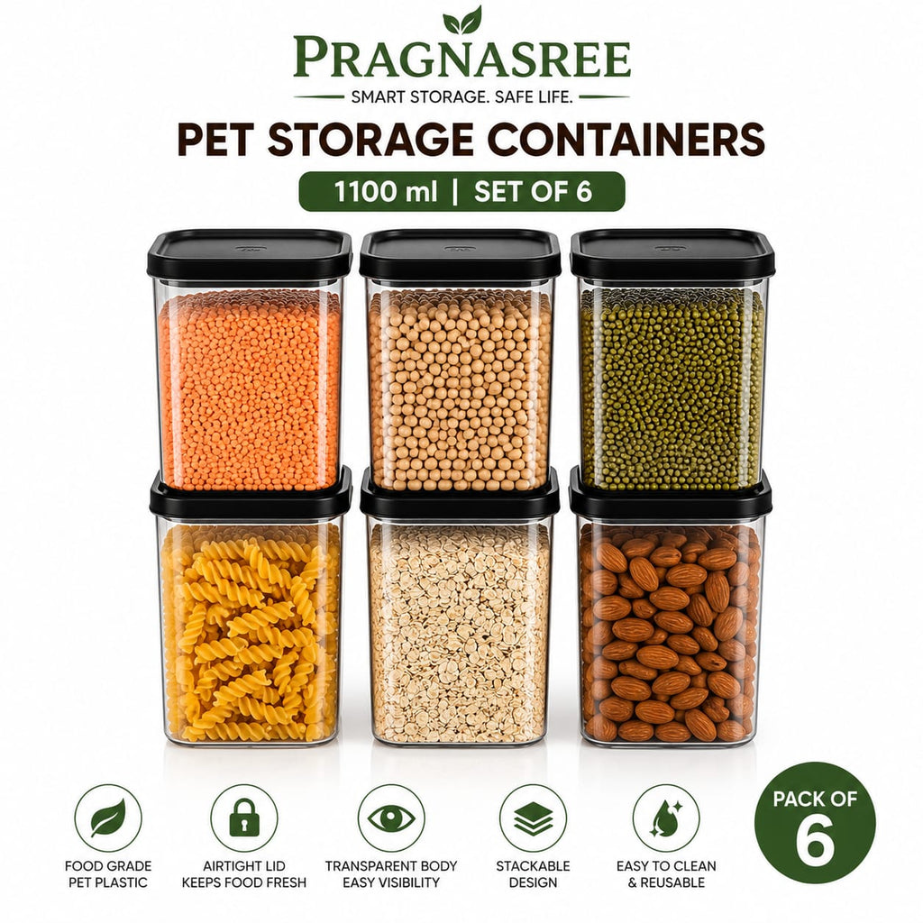 Pragnasree 1100 ml Airtight PET Storage Containers Set of 6 | Transparent Kitchen Storage Jars with Black Lid | Multipurpose Dry Food Container