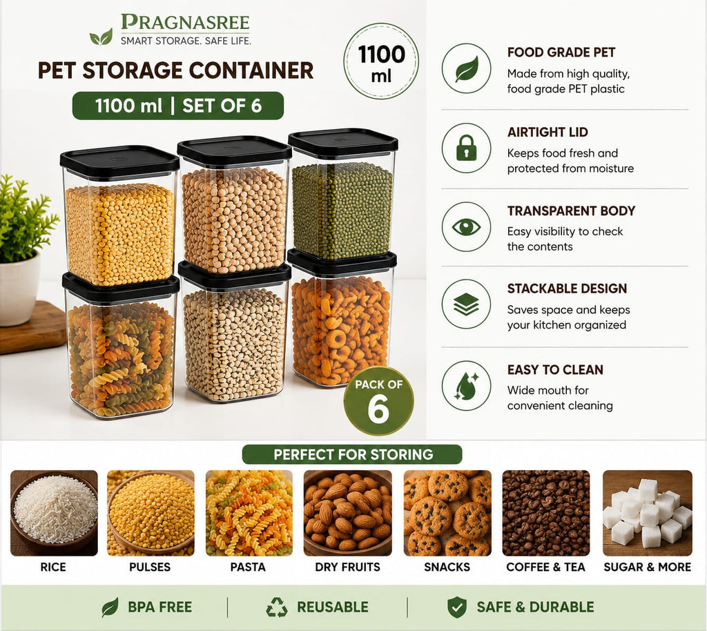 Pragnasree 1100 ml Airtight PET Storage Containers Set of 6 | Transparent Kitchen Storage Jars with Black Lid | Multipurpose Dry Food Container