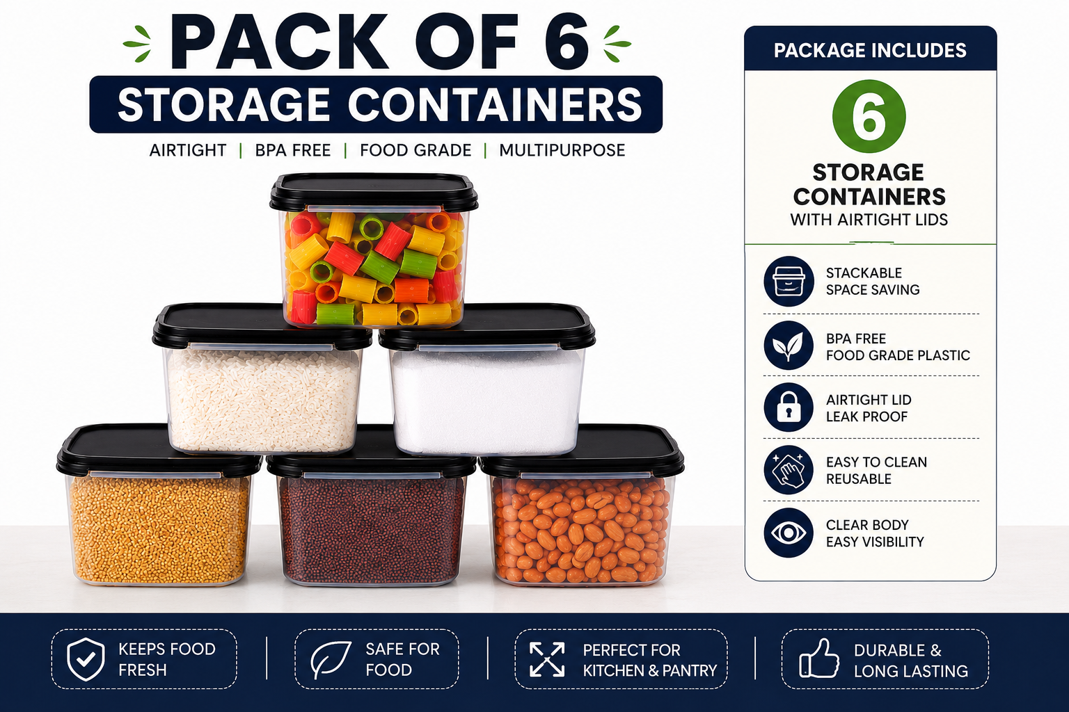 Pack of 6 BPA Free Plastic Kitchen Storage Containers with Airtight Lids | Multipurpose Food Storage Boxes | Black Lid