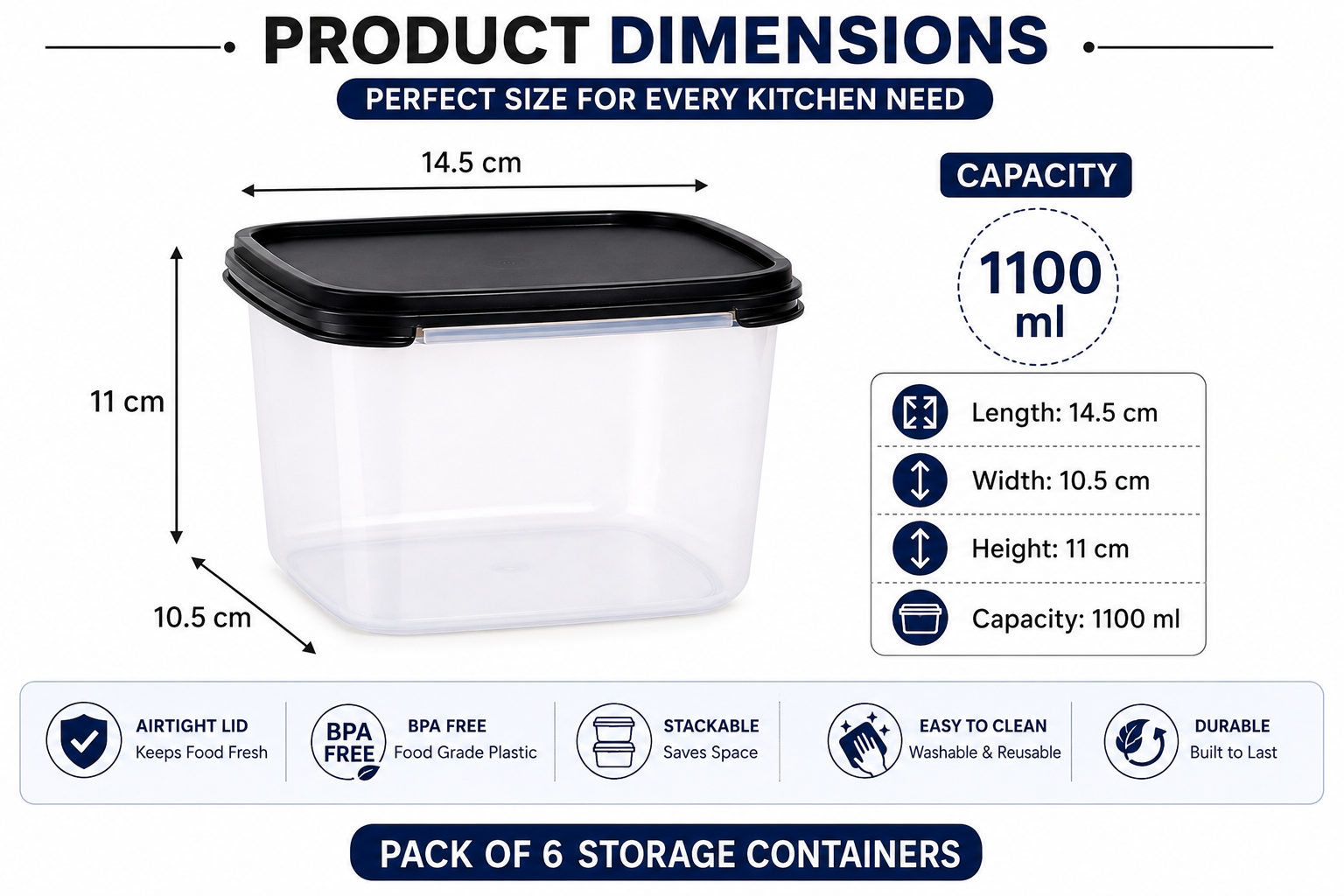 Pack of 6 BPA Free Plastic Kitchen Storage Containers with Airtight Lids | Multipurpose Food Storage Boxes | Black Lid