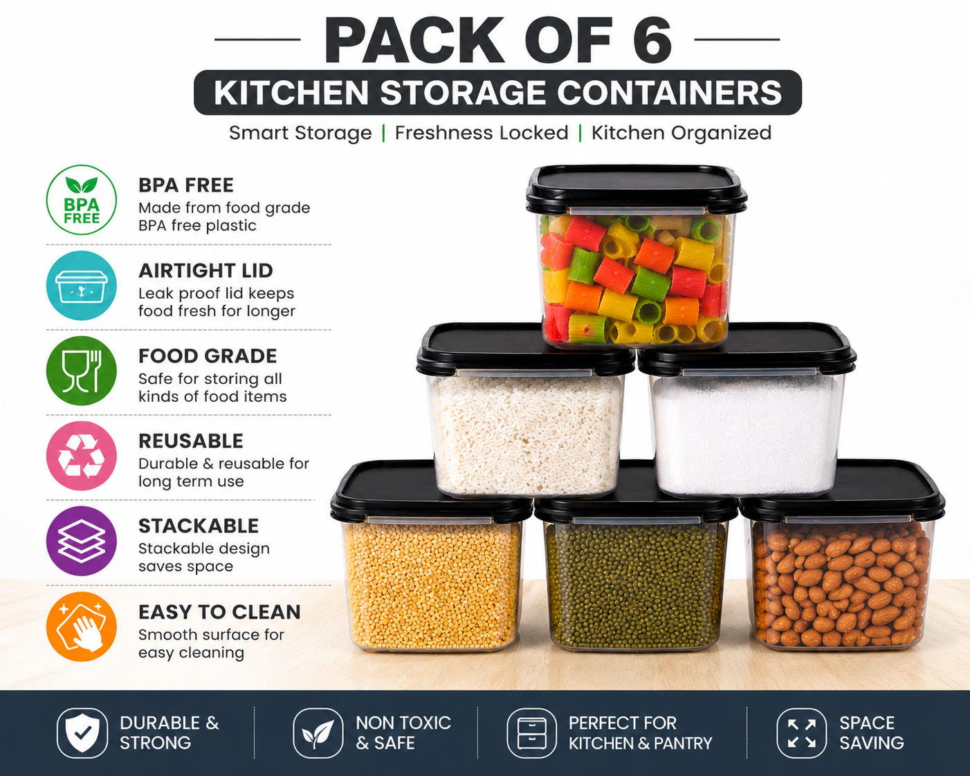 Pack of 6 BPA Free Plastic Kitchen Storage Containers with Airtight Lids | Multipurpose Food Storage Boxes | Black Lid