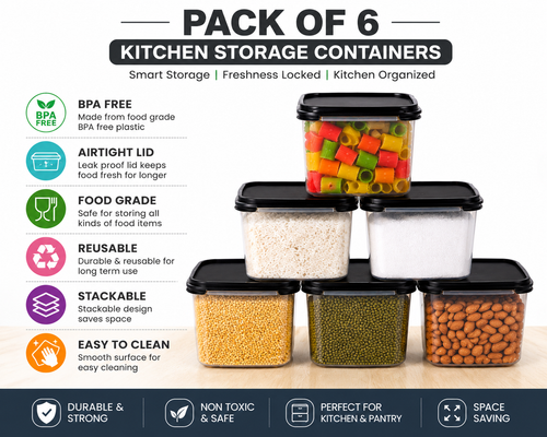 Pack of 6 BPA Free Plastic Kitchen Storage Containers with Airtight Lids | Multipurpose Food Storage Boxes | Black Lid