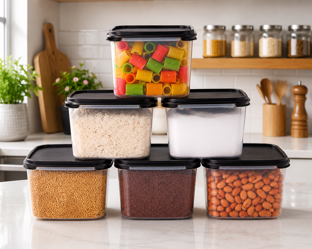 Pack of 6 BPA Free Plastic Kitchen Storage Containers with Airtight Lids | Multipurpose Food Storage Boxes | Black Lid