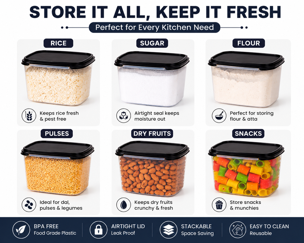 Pack of 6 BPA Free Plastic Kitchen Storage Containers with Airtight Lids | Multipurpose Food Storage Boxes | Black Lid