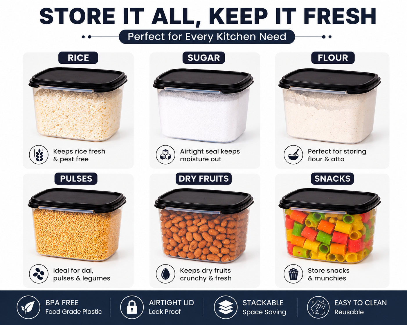 Pack of 6 BPA Free Plastic Kitchen Storage Containers with Airtight Lids | Multipurpose Food Storage Boxes | Black Lid