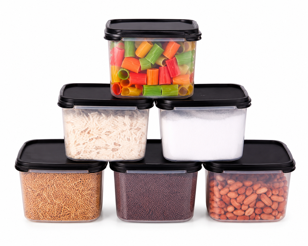 Pack of 6 BPA Free Plastic Kitchen Storage Containers with Airtight Lids | Multipurpose Food Storage Boxes | Black Lid